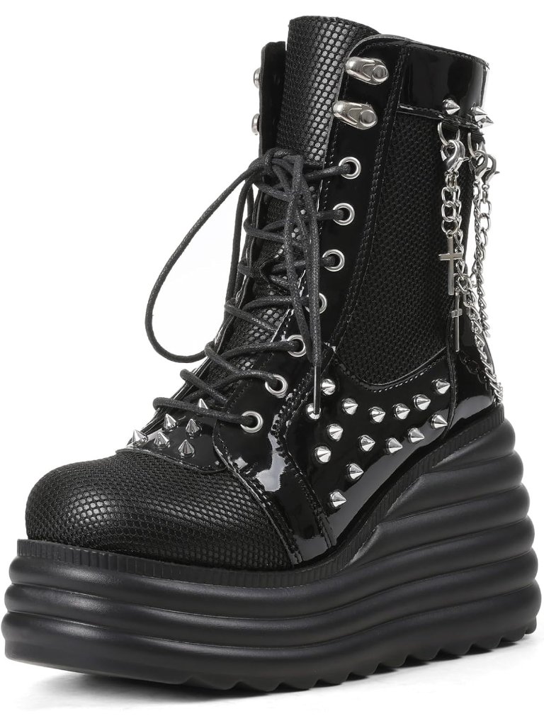 Women's Black Gothic Ankle Boots Black Platform Combat Boots With Punk Chains